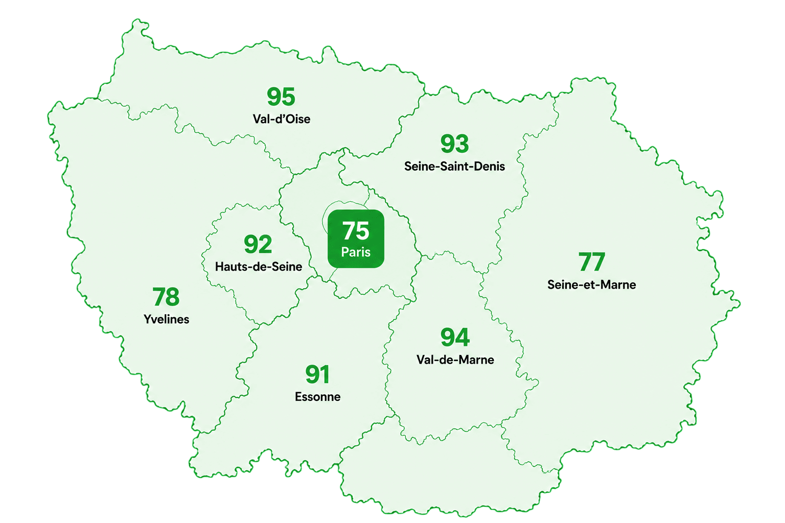 Carte des départements d'intervention en Île-de-France : Paris, 75, 77, 78, 91, 92, 93, 94 et 95